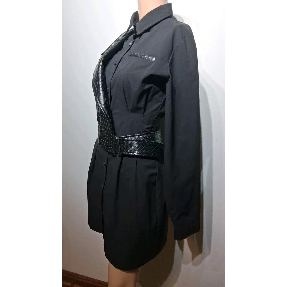 Maniere De Voir Black Woven Vegan Leather Overlay Shirt Dress Size 2 NWT - Picture 4 of 9
